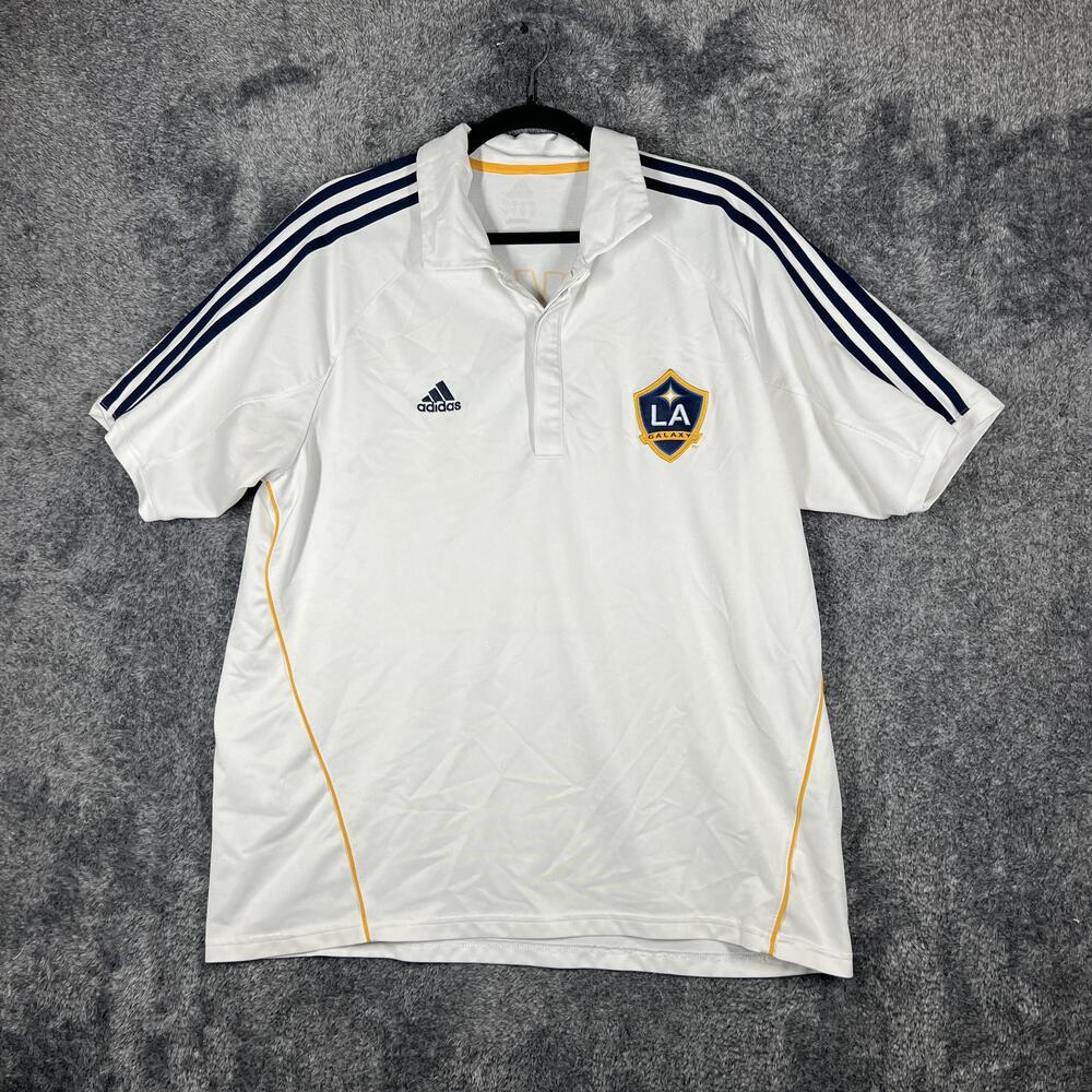 Adidas Polo Shirt Mens L White LA Galaxy Beckham 23 Soccer Performance